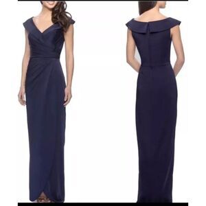LA FEMME Surplice Off the Shoulder Column Gown in Navy Blue 12